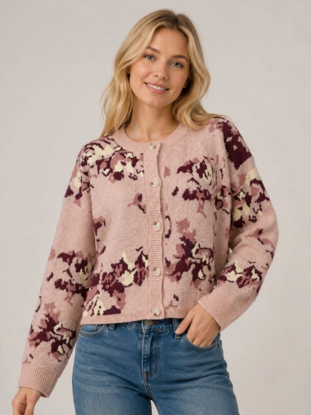 Dreamers Soft Pink Floral Sweater Monogram Fun CARDIGAN New